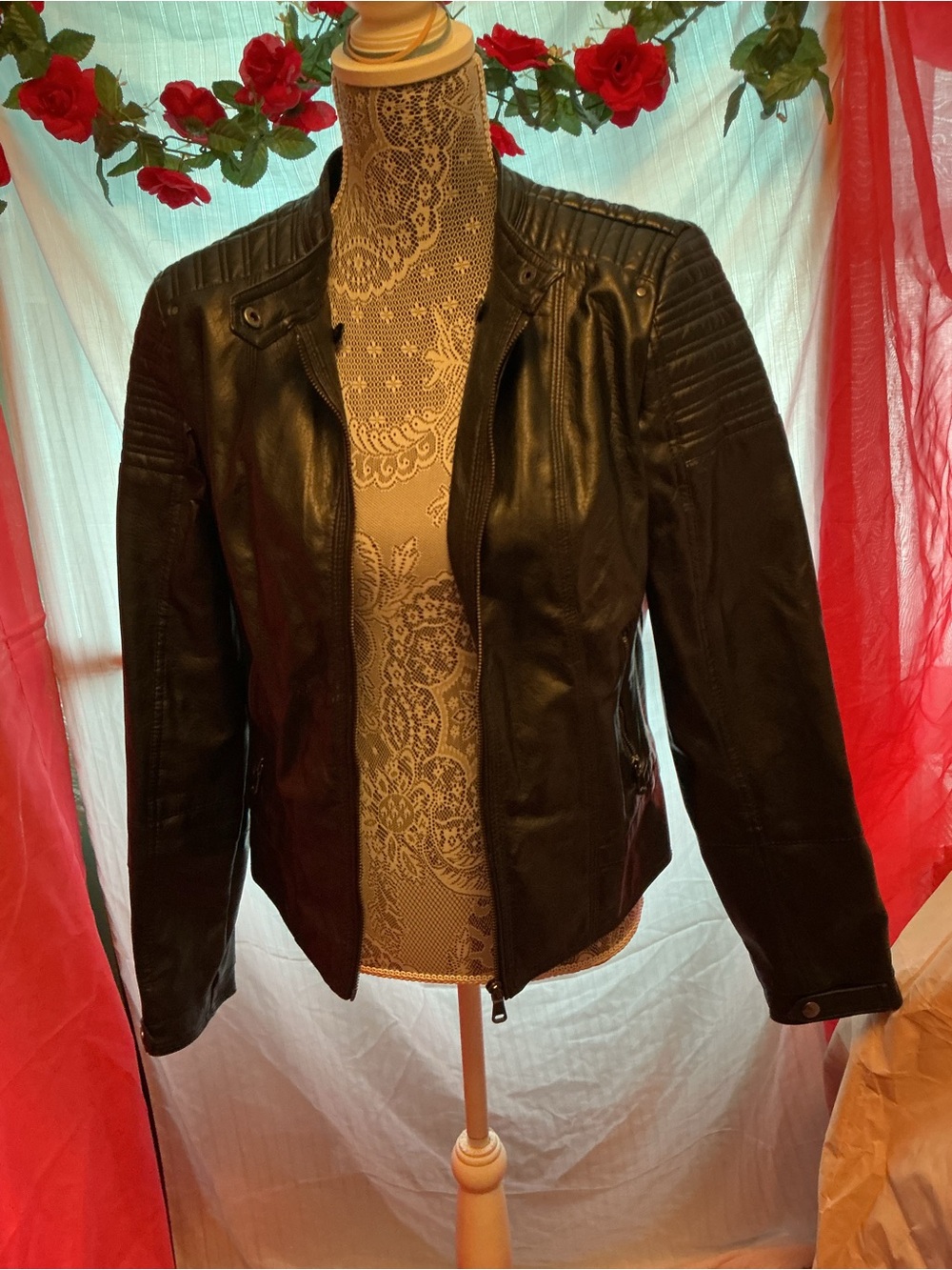 BONGO Black Faux Leather Moto Jacket with Quilted Shoulders